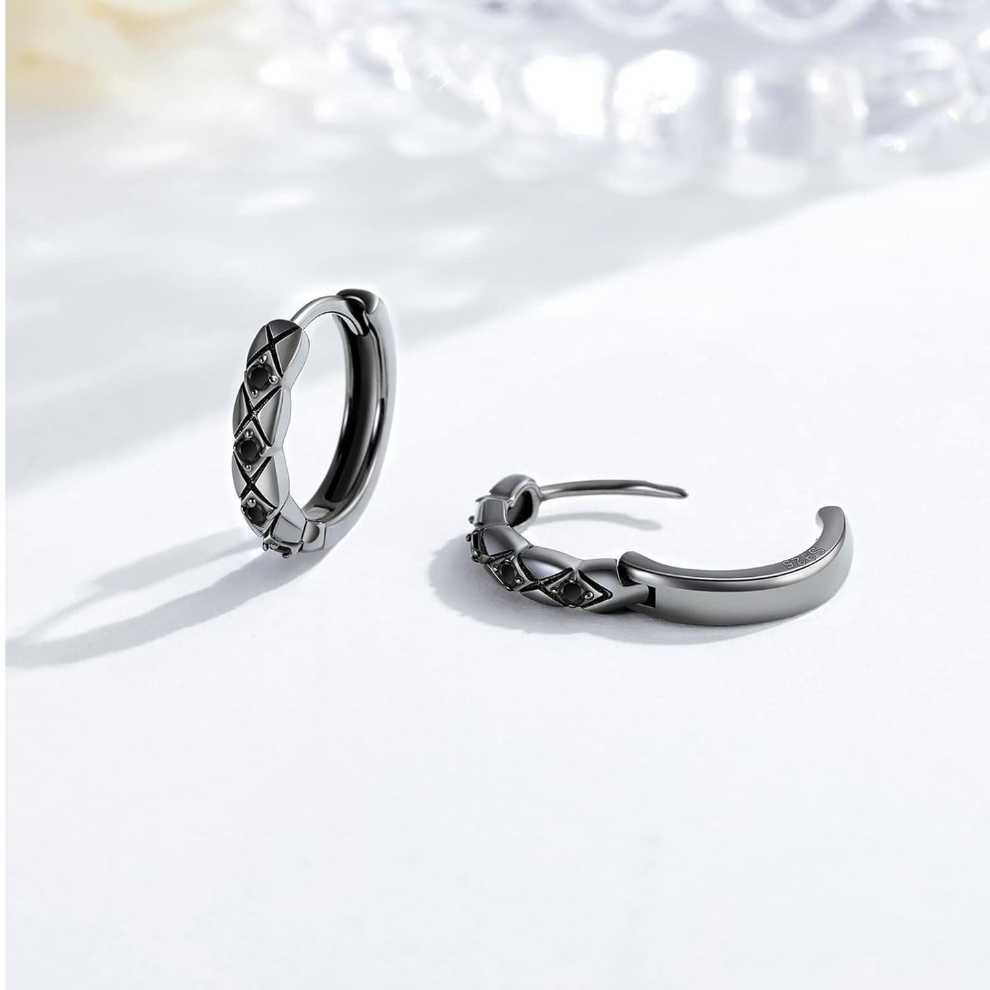 925 Sterling Silver Black Onyx Gothic Huggie Hoop Earrings - Mens Womens  Ideas