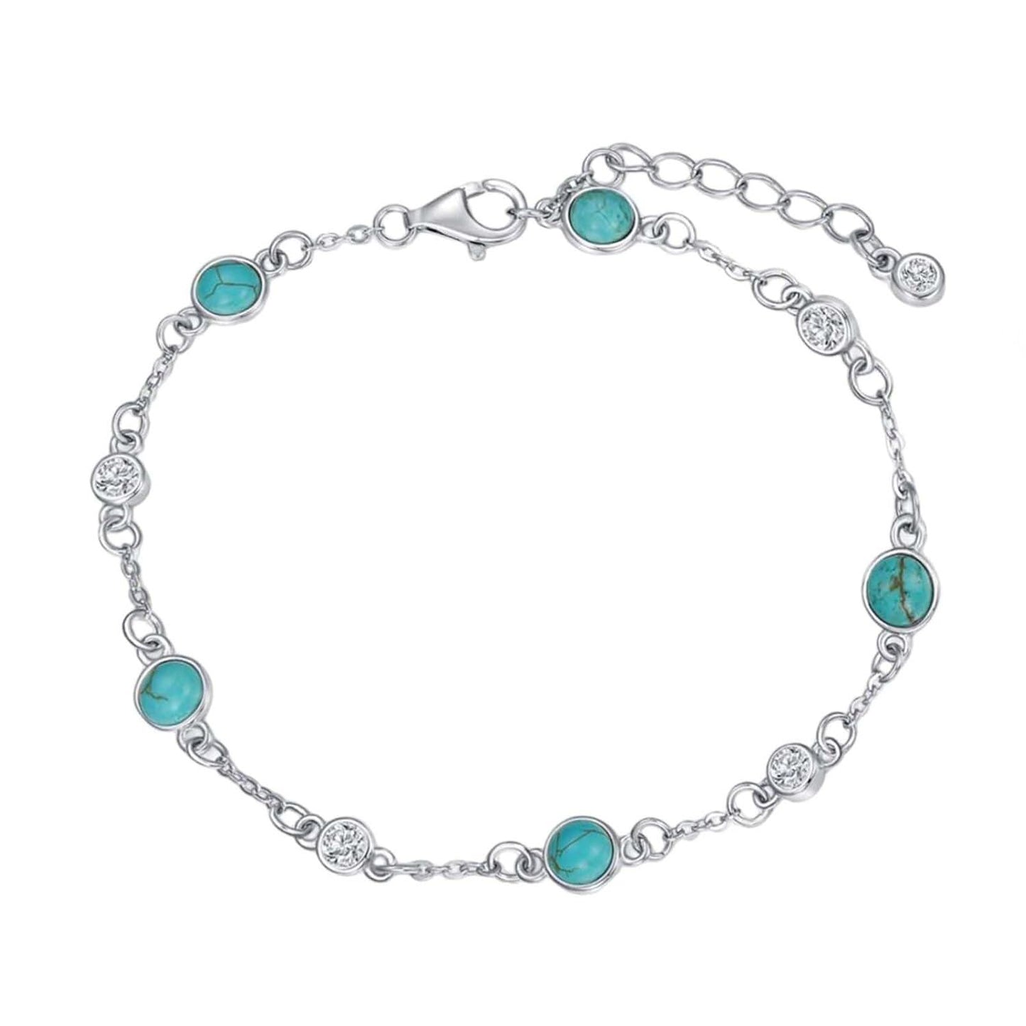 925 Sterling Silver Turquoise Beaded Chain Anklet Bracelet for Women