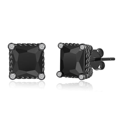 Black 925 Sterling Silver Black CZ Rope Edge Square Stud Earrings 8mm