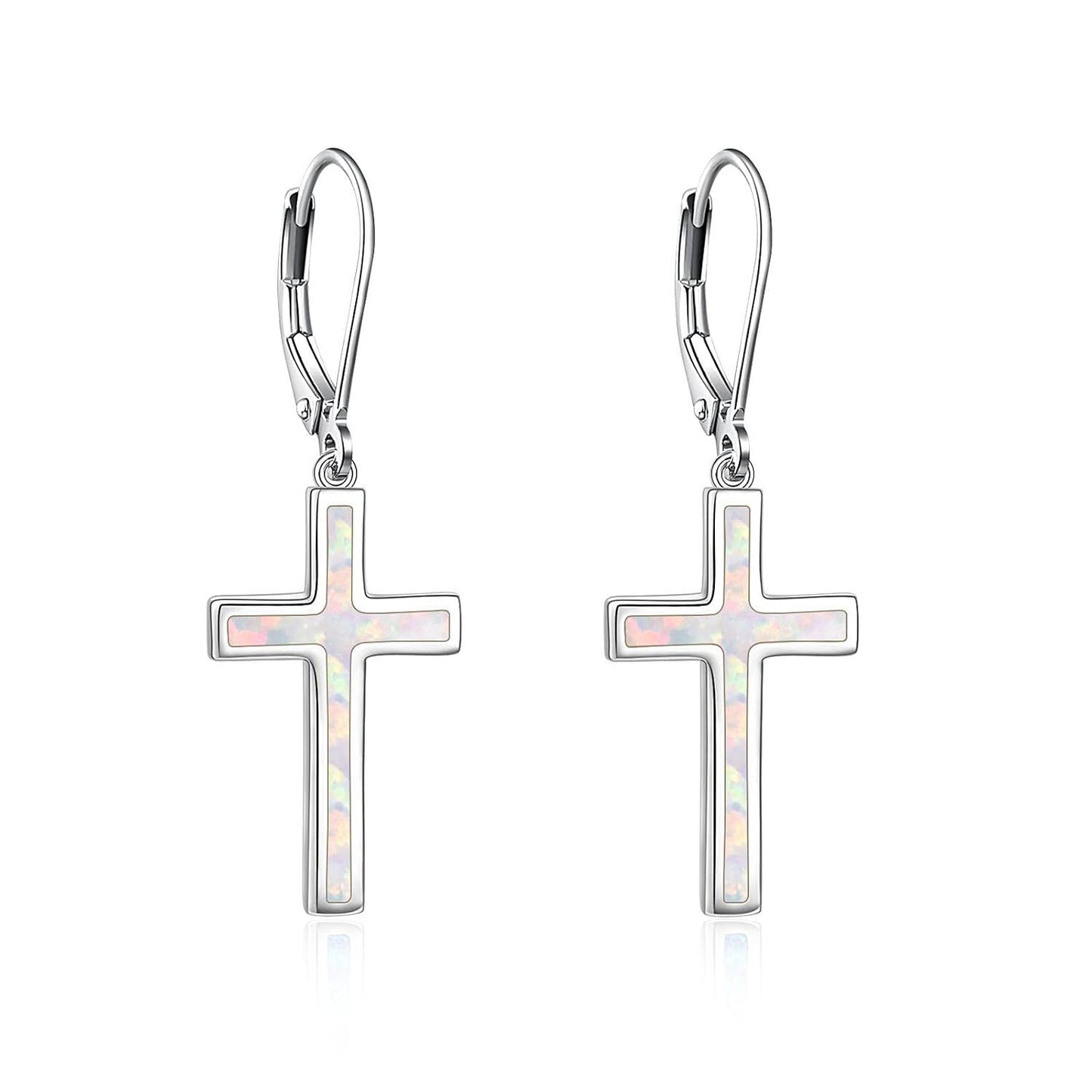 925 Sterling Silver Opal Cross Leverback Dangle Drop Earrings for Women and Men