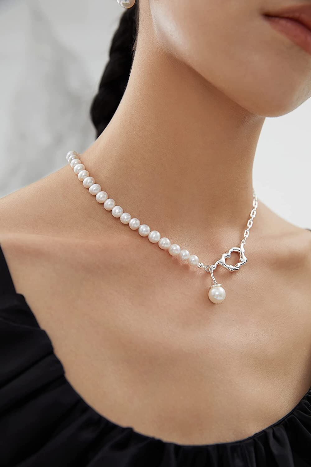 925 Sterling Silver Metal Pearl Choker 14-16mm Round White Freshwater Pearls Necklaces for Women