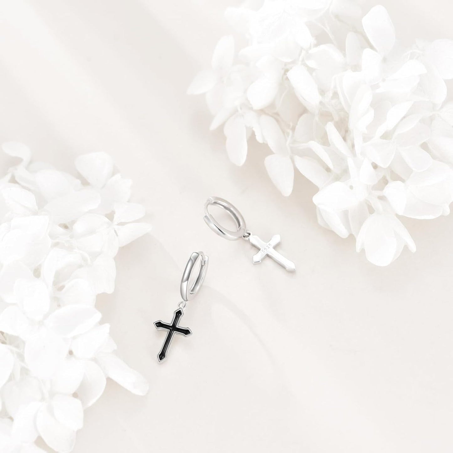 925 Sterling Silver Black Cross Dangle Drop Hoop Earrings  for Women
