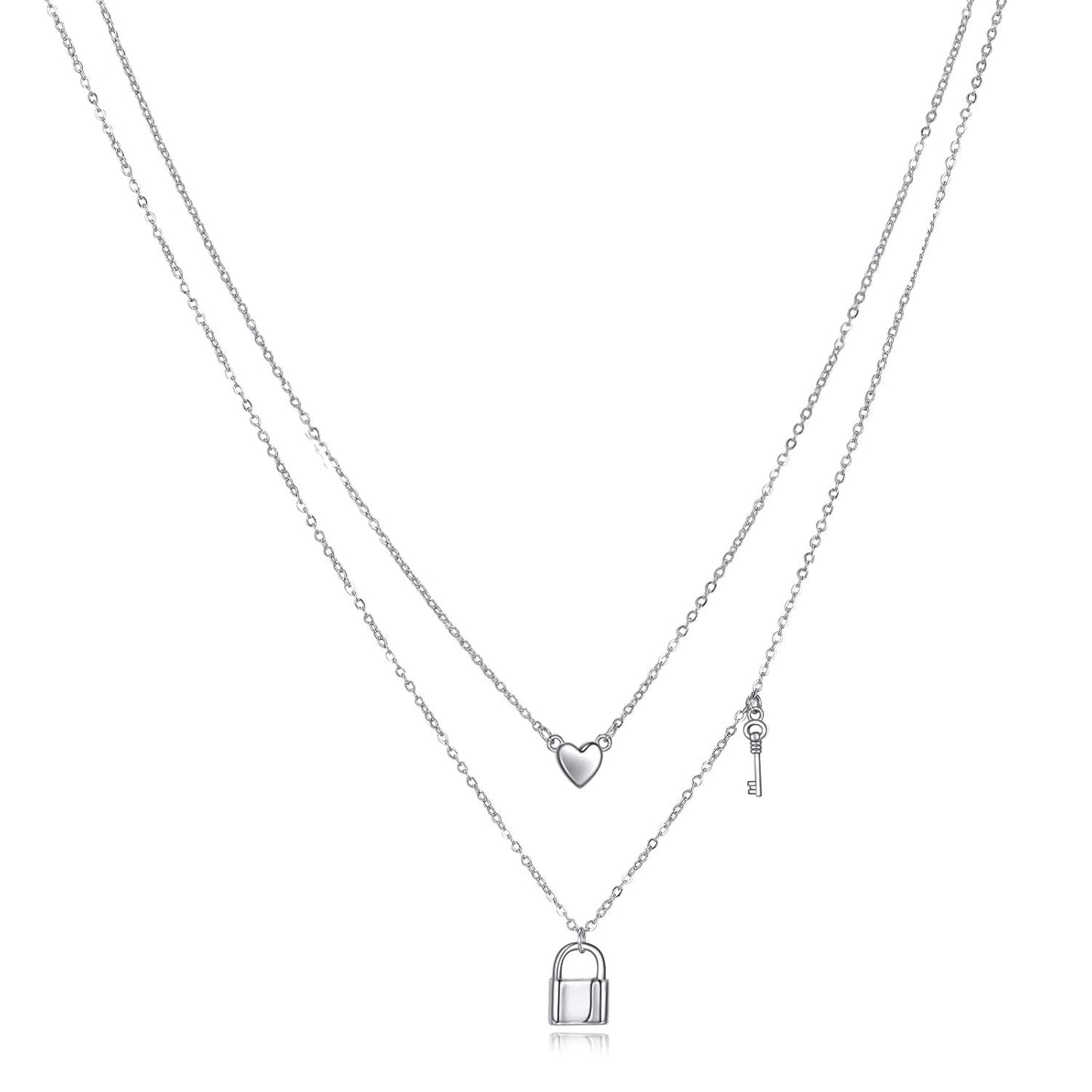 925 Sterling Silver Layered Choker Necklace with Heart and Key Charms s for Women