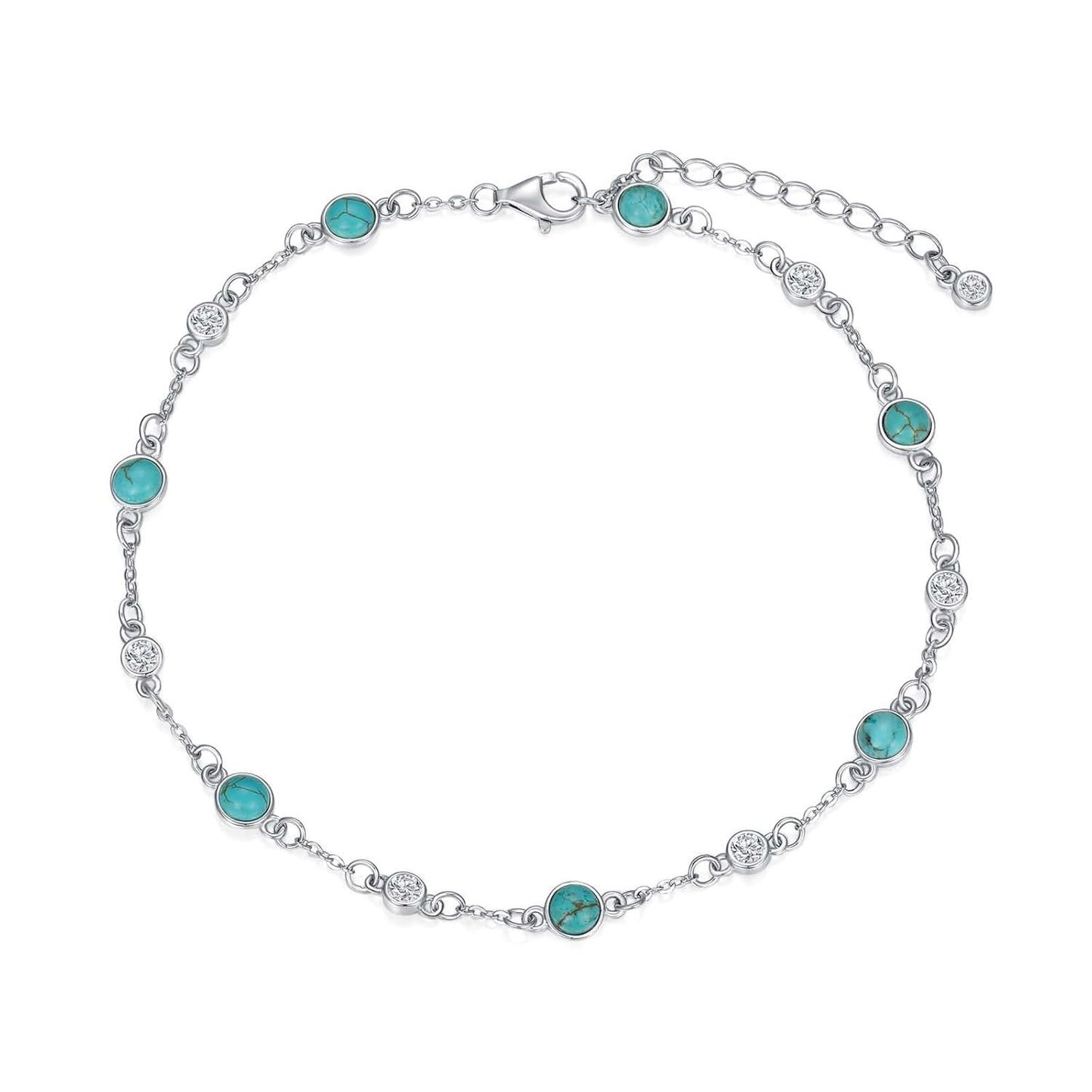 925 Sterling Silver Turquoise Beaded Chain Anklet Bracelet for Women