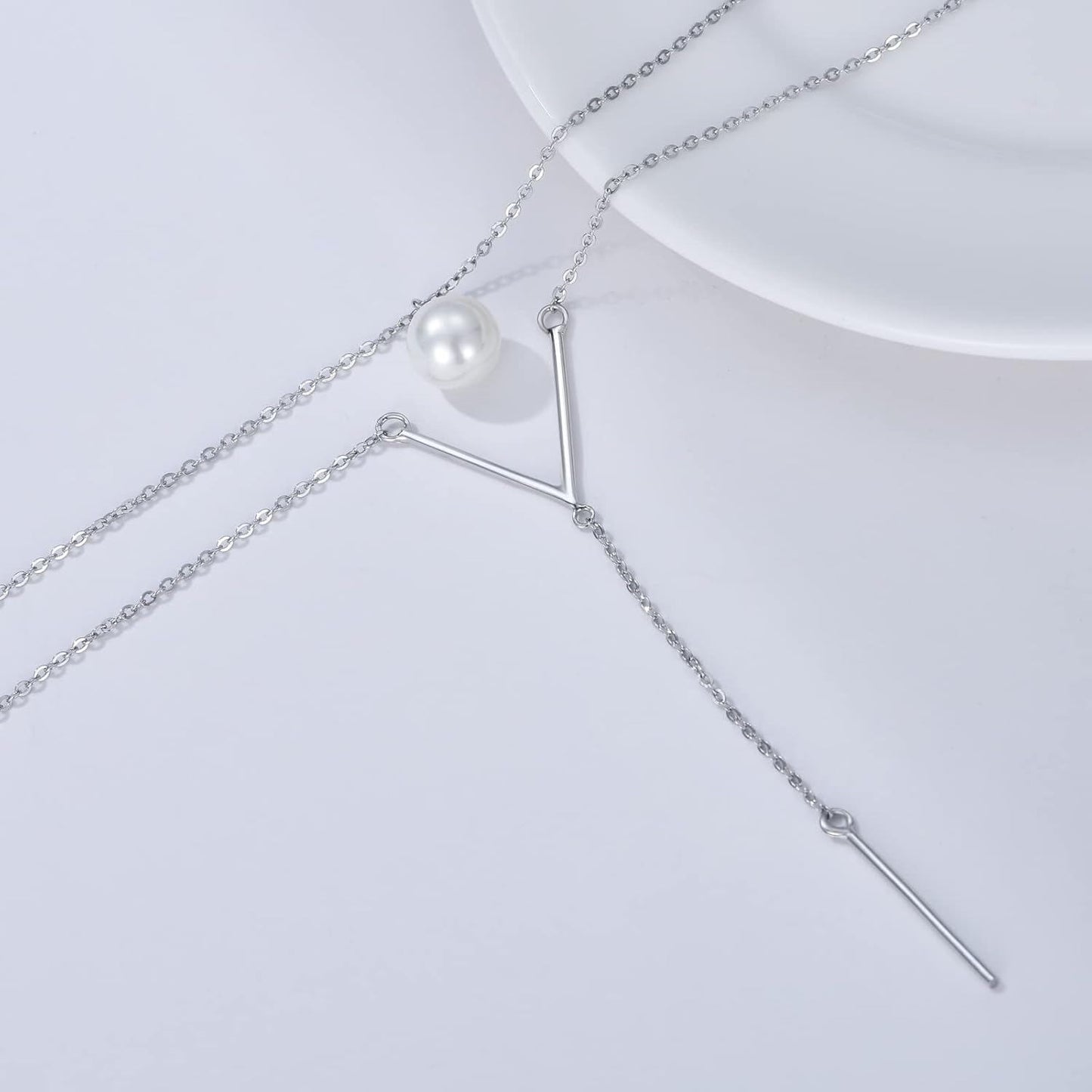 925 Sterling Silver Pearl Y-Shape Pendant Layered Necklace Christmas Gifts for Women