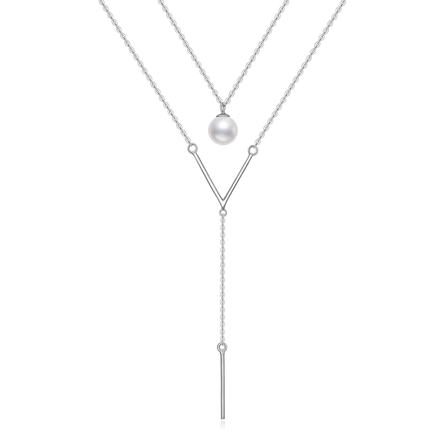 925 Sterling Silver Pearl Y-Shape Pendant Layered Necklace Christmas Gifts for Women