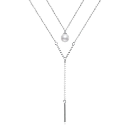925 Sterling Silver Pearl Y-Shape Pendant Layered Necklace Christmas Gifts for Women