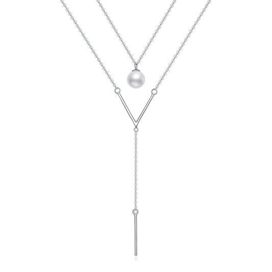 925 Sterling Silver Pearl Y-Shape Pendant Layered Necklace Christmas Gifts for Women