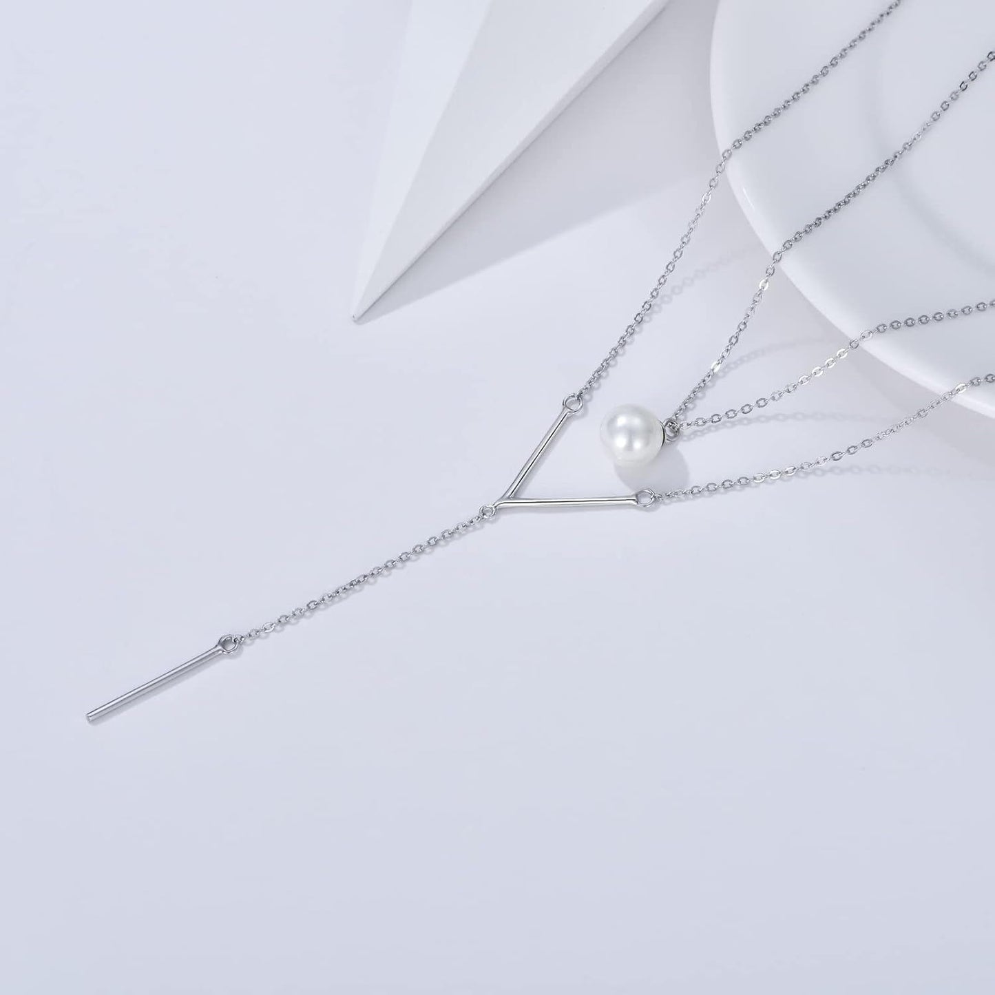 925 Sterling Silver Pearl Y-Shape Pendant Layered Necklace Christmas Gifts for Women