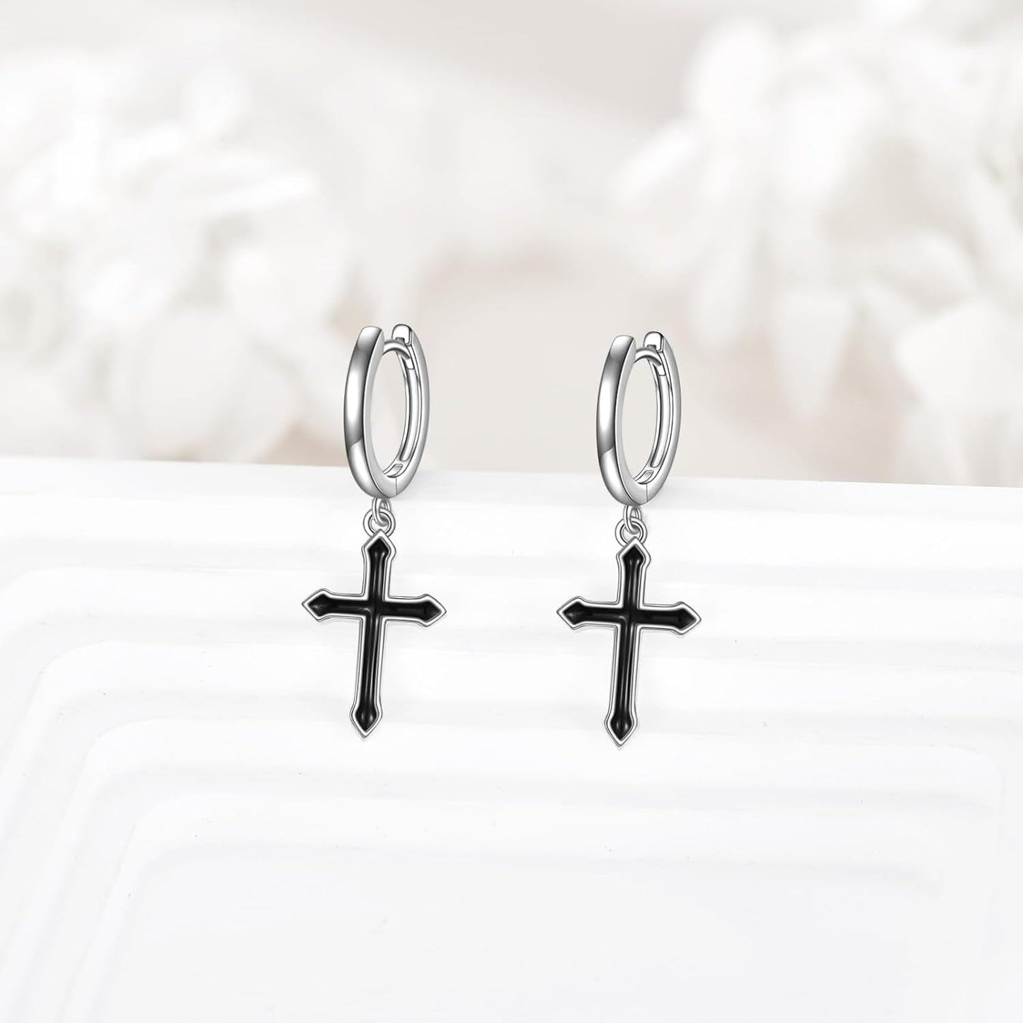 925 Sterling Silver Black Cross Dangle Drop Hoop Earrings  for Women