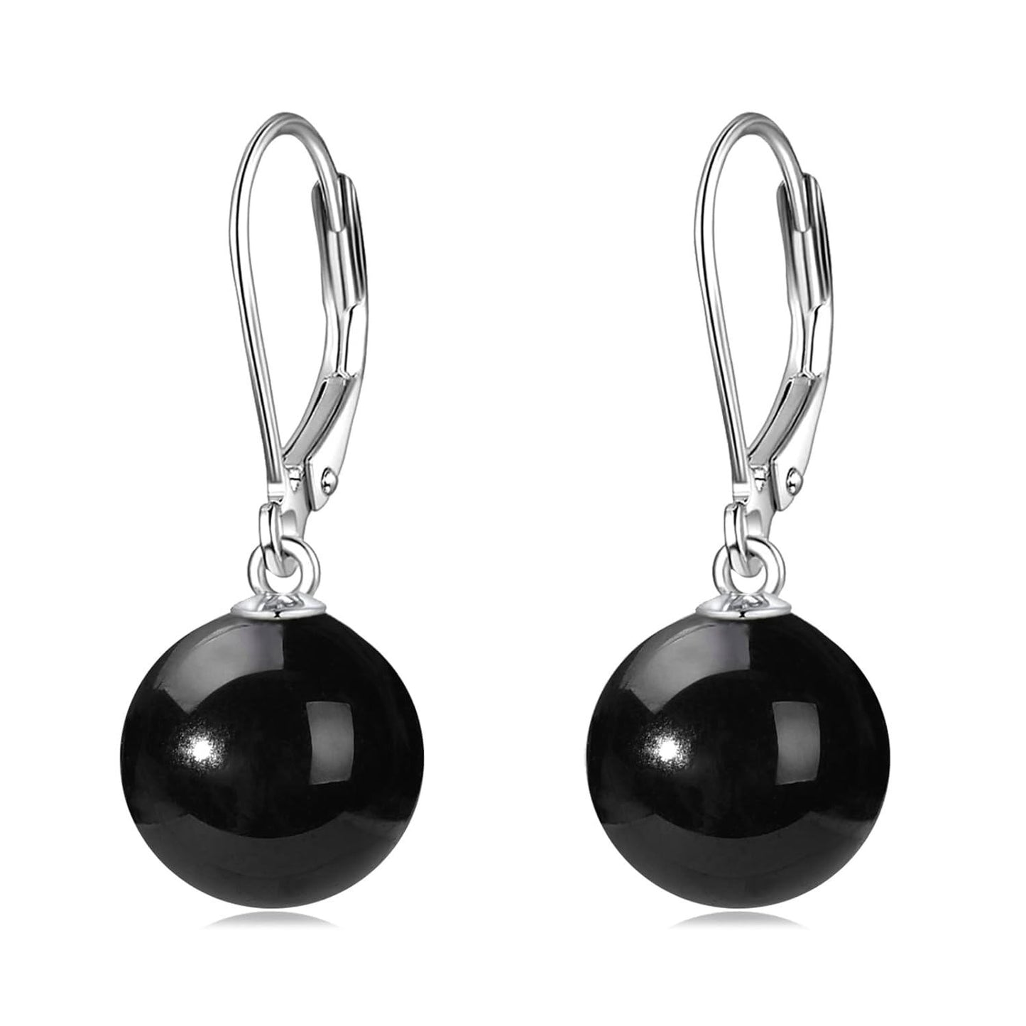 925 Sterling Silver Black Onyx Ball Leverback Dangle Drop Earrings for Women