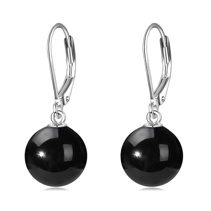 925 Sterling Silver Black Onyx Ball Leverback Dangle Drop Earrings for Women