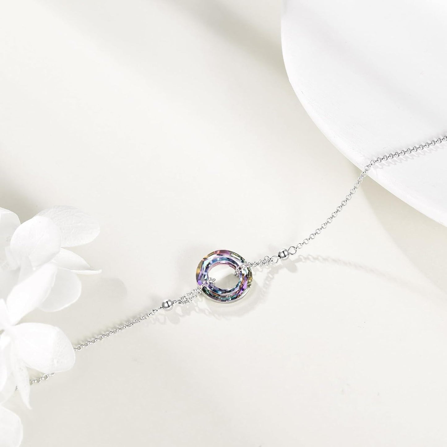 925 Sterling Silver Blue Crystal Circle Chain Bracelet for Women s