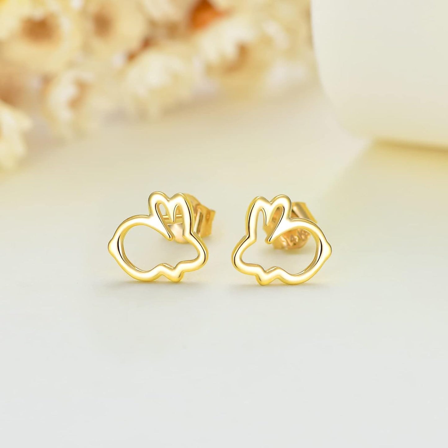 14K Gold Bunny Stud Earrings - Small Rabbit Earings for Women and Girls