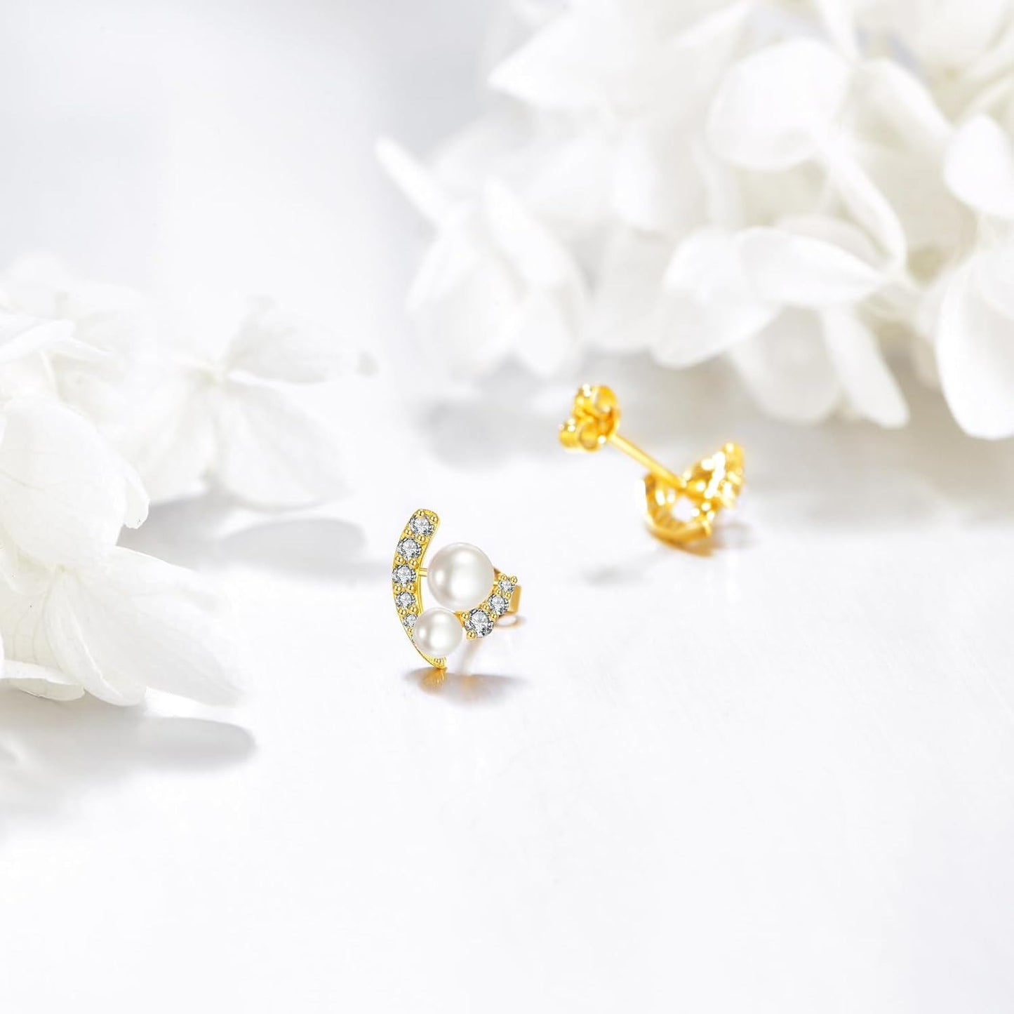 14K Gold Pearl Hoop Earrings Minimalist Dainty Ear Cuff Gift for Her