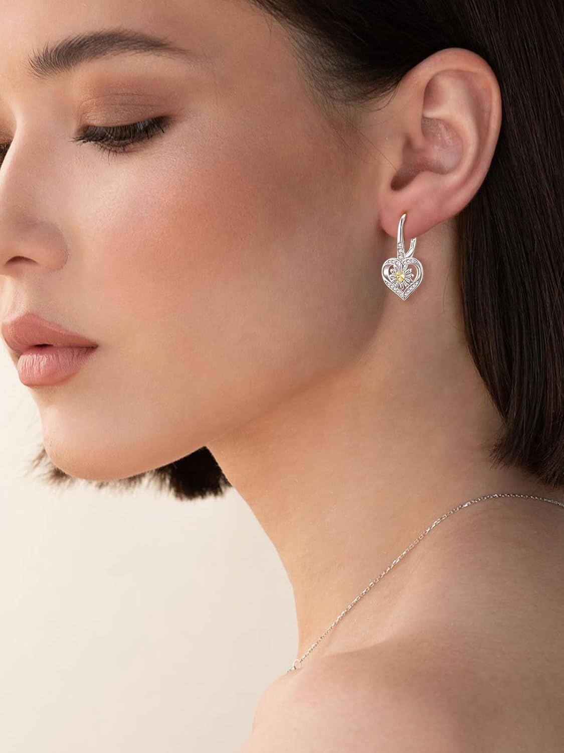925 Sterling Silver Yellow Citrine Daisy Flower Heart Drop Dangle Lever Back Earrings for Women