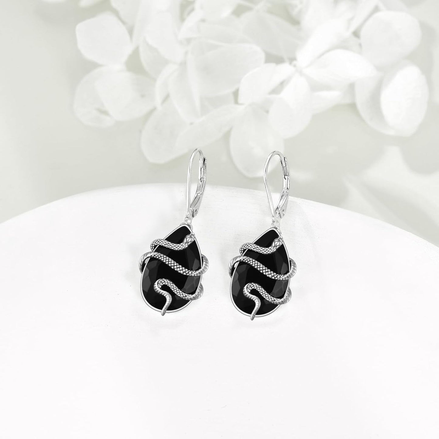 925 Sterling Silver Black Tourmaline Snake Dangle Drop Leverback Earrings Crystal Healing Jewelry Spiritual Protection Gifts for Women