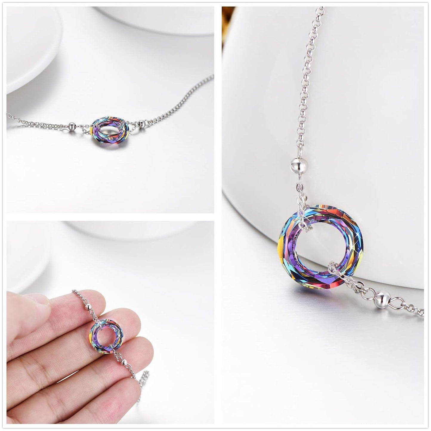 925 Sterling Silver Blue Crystal Circle Chain Bracelet for Women s