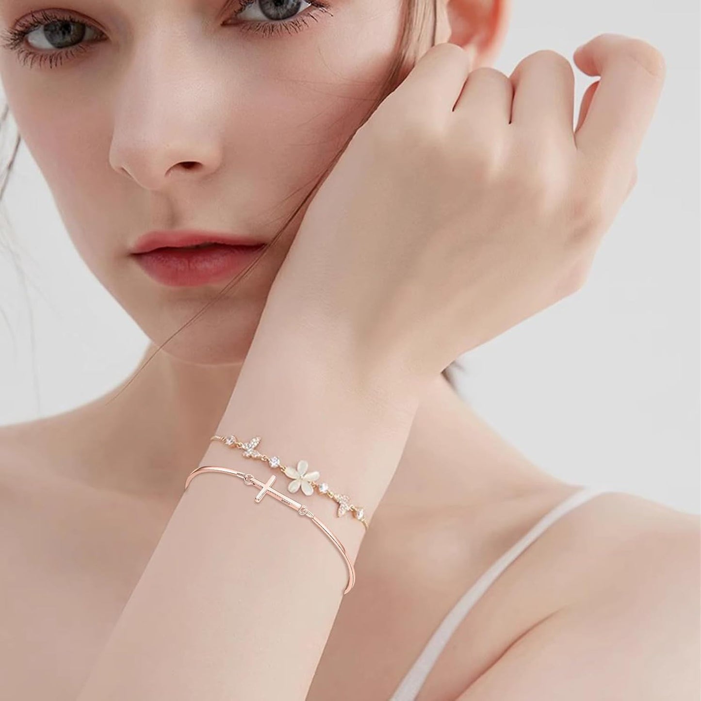 925 Sterling Silver Rose Gold Plated Infinity Cross Bangle Bracelet for Women - Christian Religious s