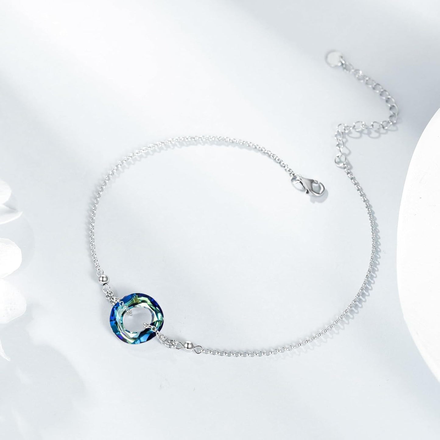 925 Sterling Silver Blue Crystal Circle Chain Bracelet for Women s