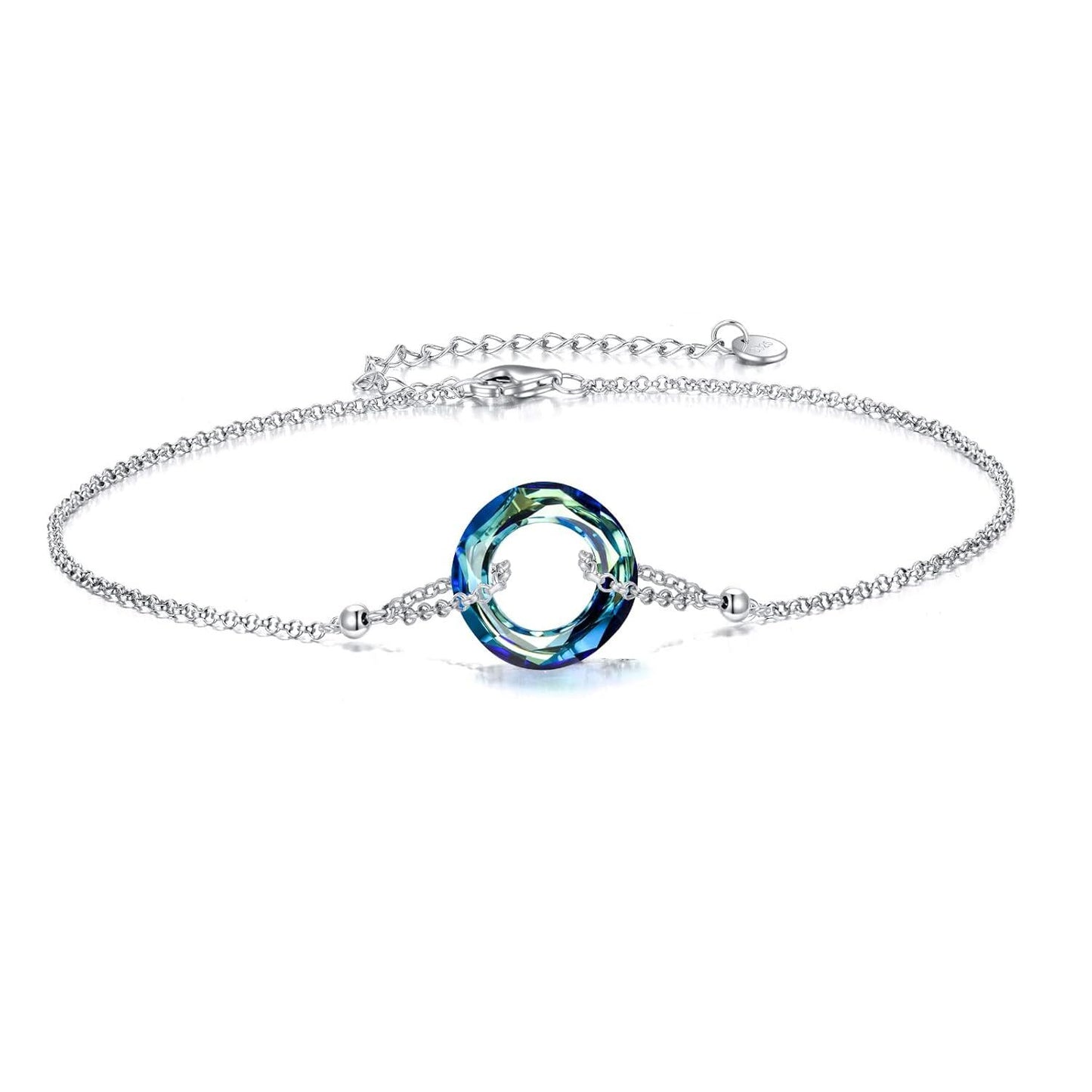 925 Sterling Silver Blue Crystal Circle Chain Bracelet for Women s
