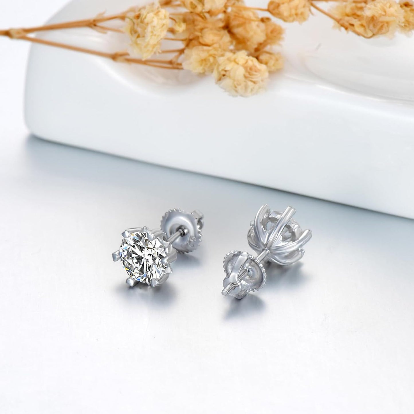 18K White Gold Plated 925 Sterling Silver Moissanite 2ct D VVS1 Round Stud Earrings