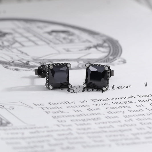 Black 925 Sterling Silver Black CZ Rope Edge Square Stud Earrings 8mm