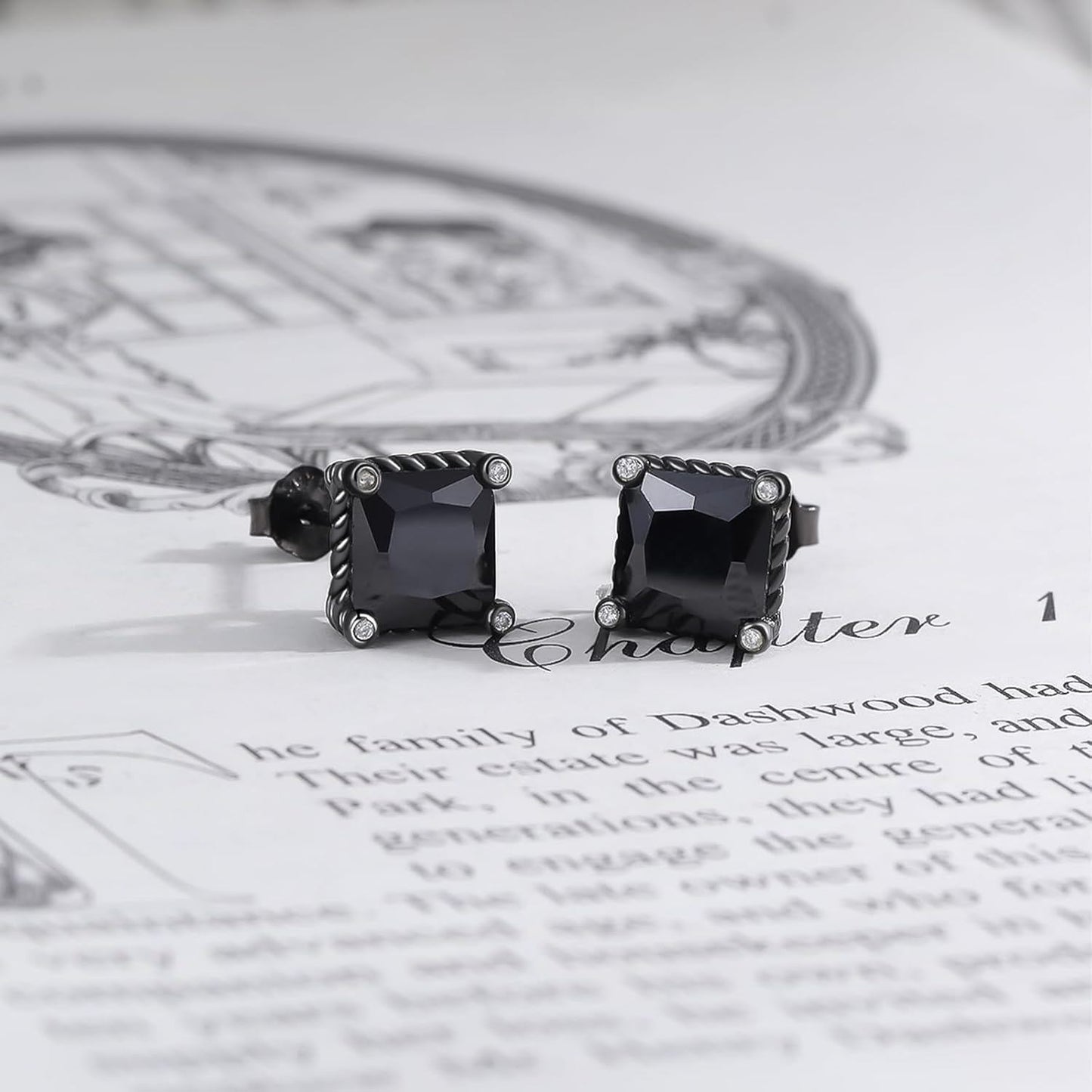 Black 925 Sterling Silver Black CZ Rope Edge Square Stud Earrings 8mm