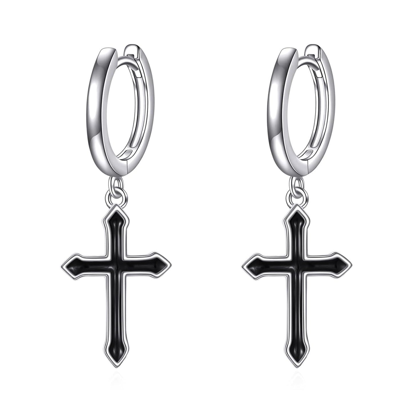 925 Sterling Silver Black Cross Dangle Drop Hoop Earrings  for Women