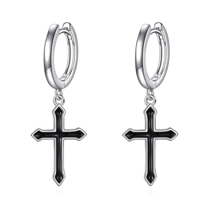 925 Sterling Silver Black Cross Dangle Drop Hoop Earrings  for Women