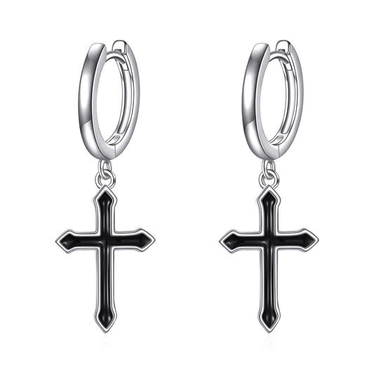 925 Sterling Silver Black Cross Dangle Drop Hoop Earrings  for Women
