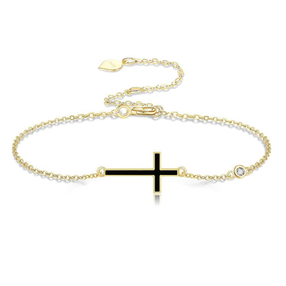 14K Gold Cross Black Onyx Chain Bracelet Holiday Gift for Her