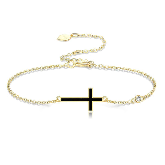 14K Gold Cross Black Onyx Chain Bracelet Holiday Gift for Her