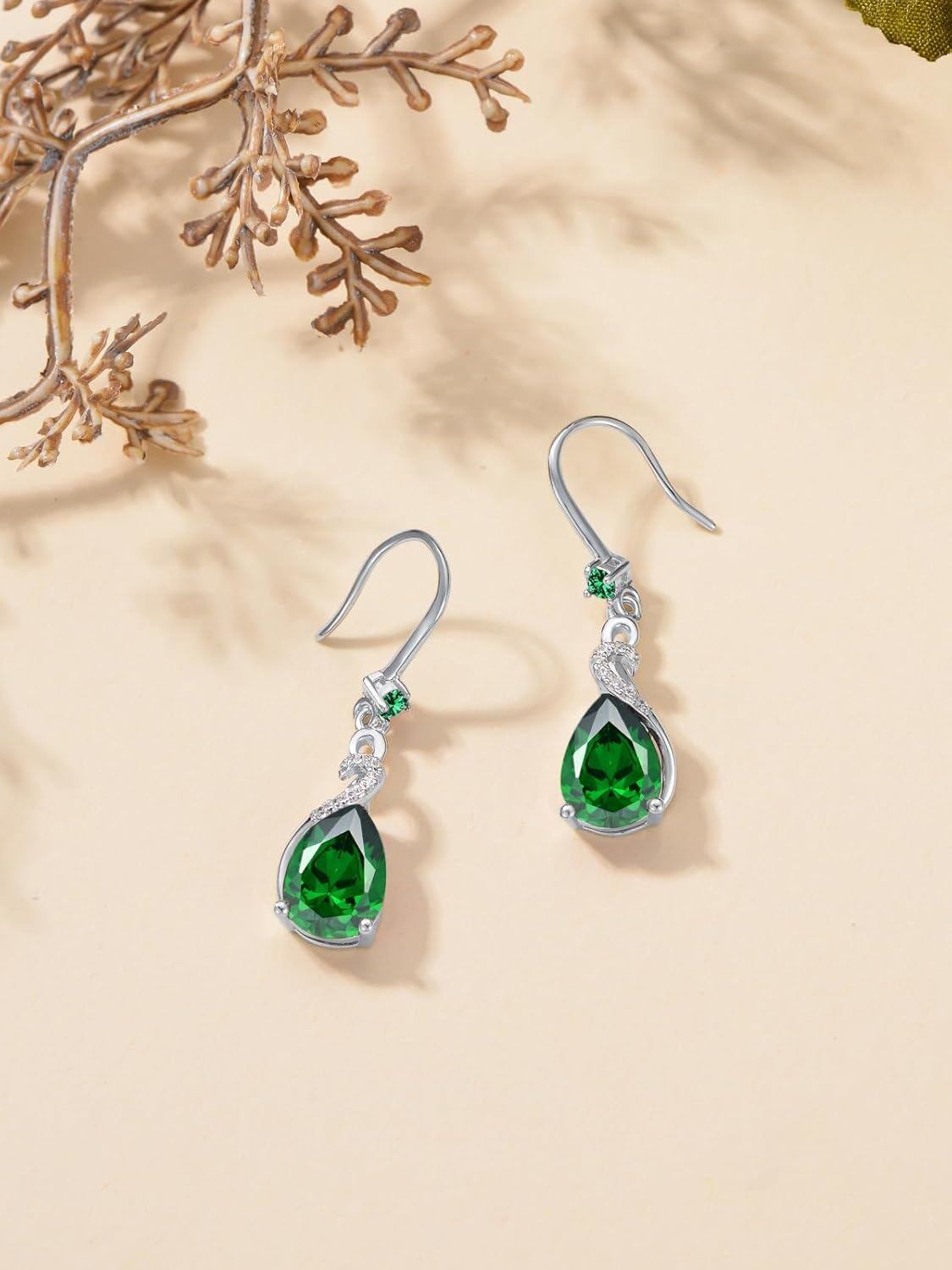 Sterling Silver Emerald Teardrop Dangle Earrings, May Birthstone Green Heart-Shaped Gemstone Hook Drop Jewelry for Mother's Day Gift