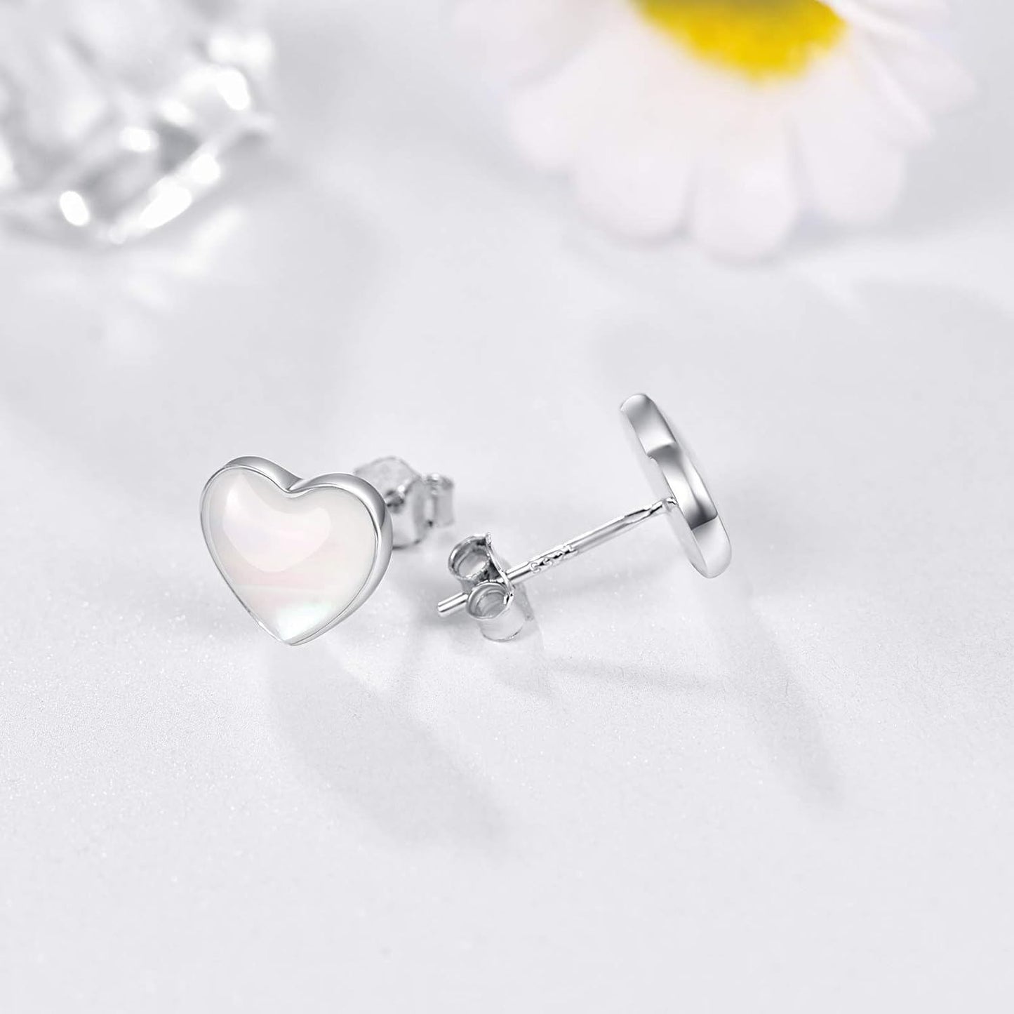 925 Sterling Silver Heart Shape Mother of Pearl Stud Earrings for Women Girls Gifts Jewelry Accessories Hypoallergenic Safe 6MM Size