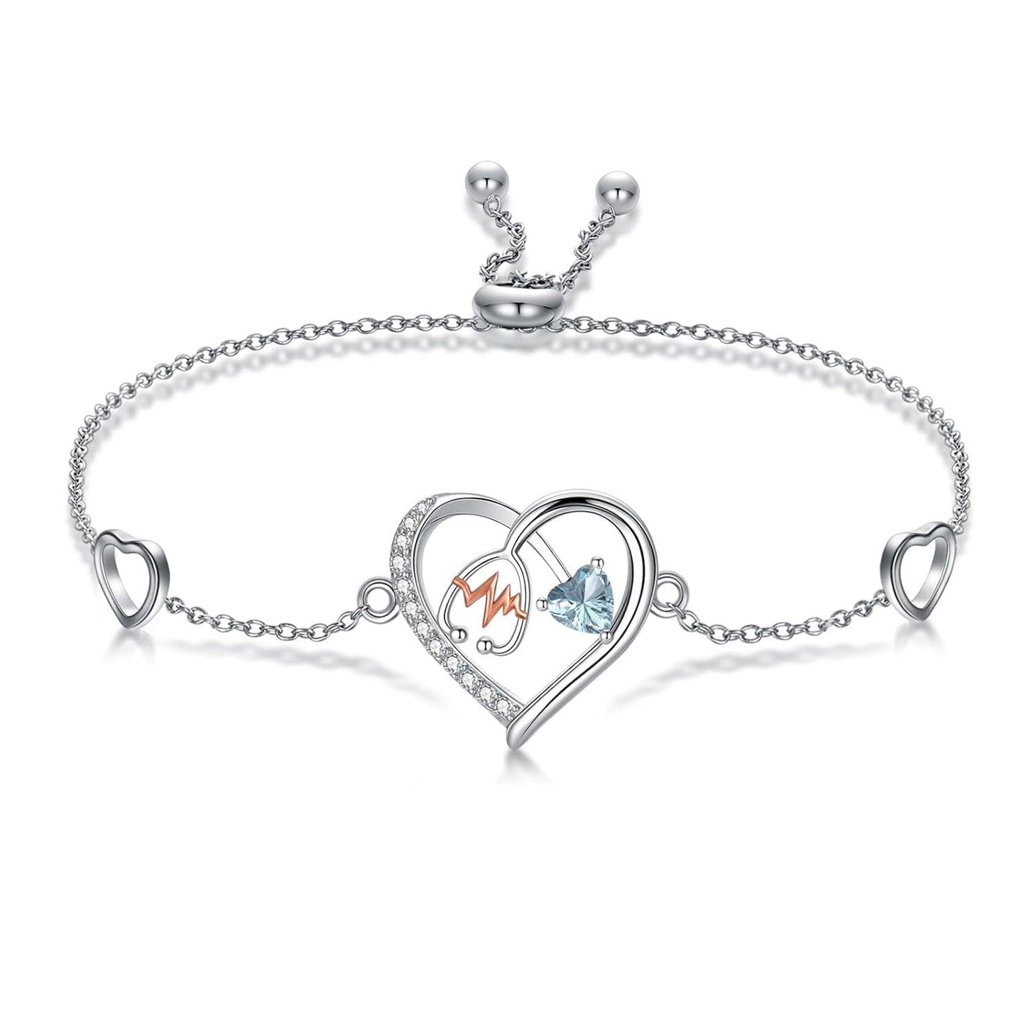 925 Sterling Silver & 5A Zircon Heart Stethoscope Birthstone Bracelet - Adjustable Chain