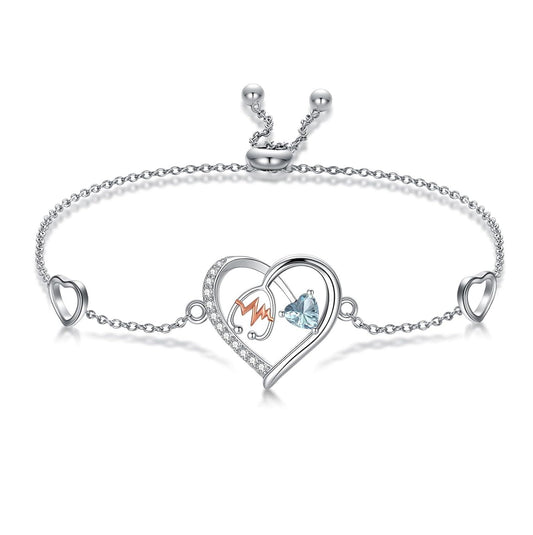 925 Sterling Silver & 5A Zircon Heart Stethoscope Birthstone Bracelet - Adjustable Chain