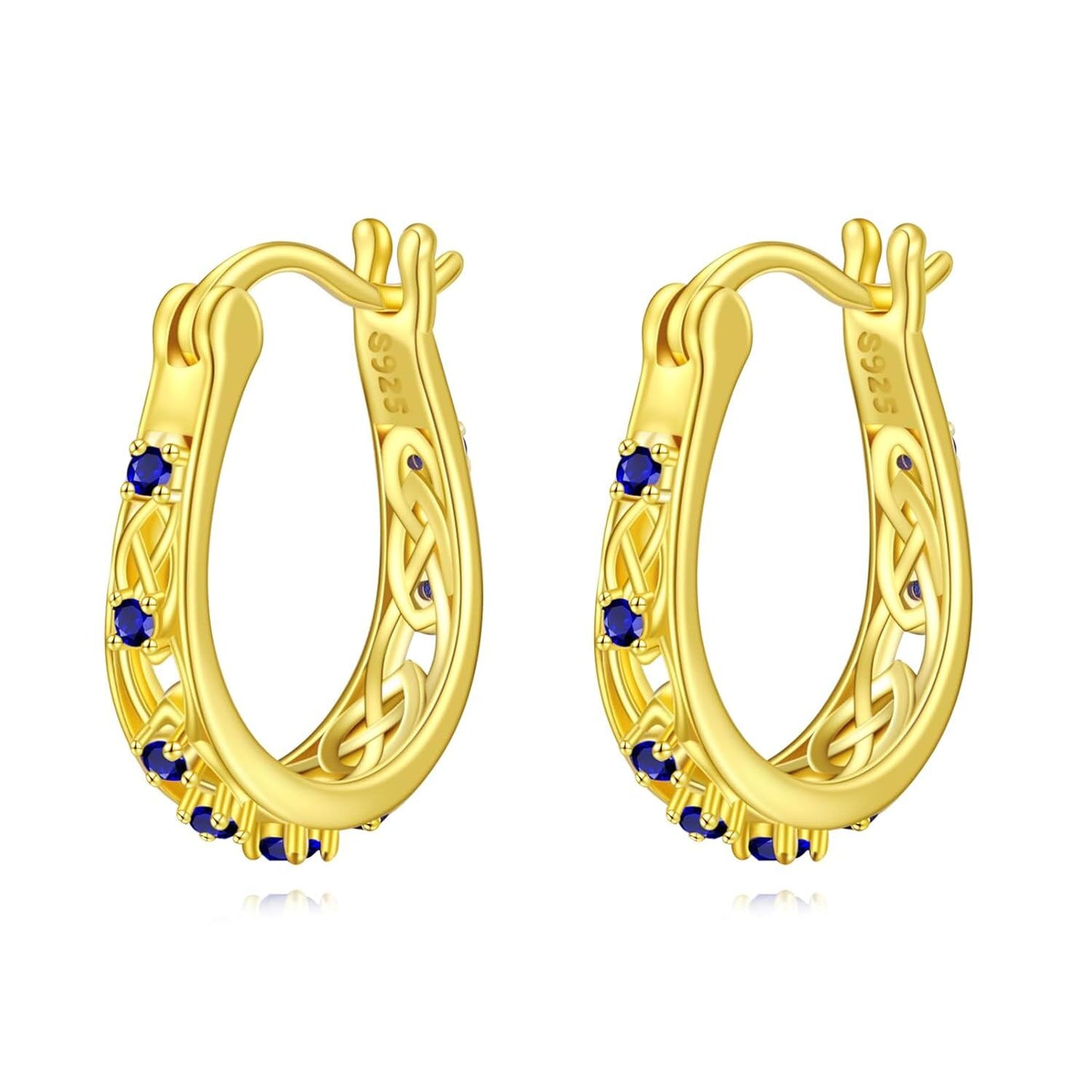 925 Sterling Silver Blue Sapphire Celtic Knotwork Hoop Earrings