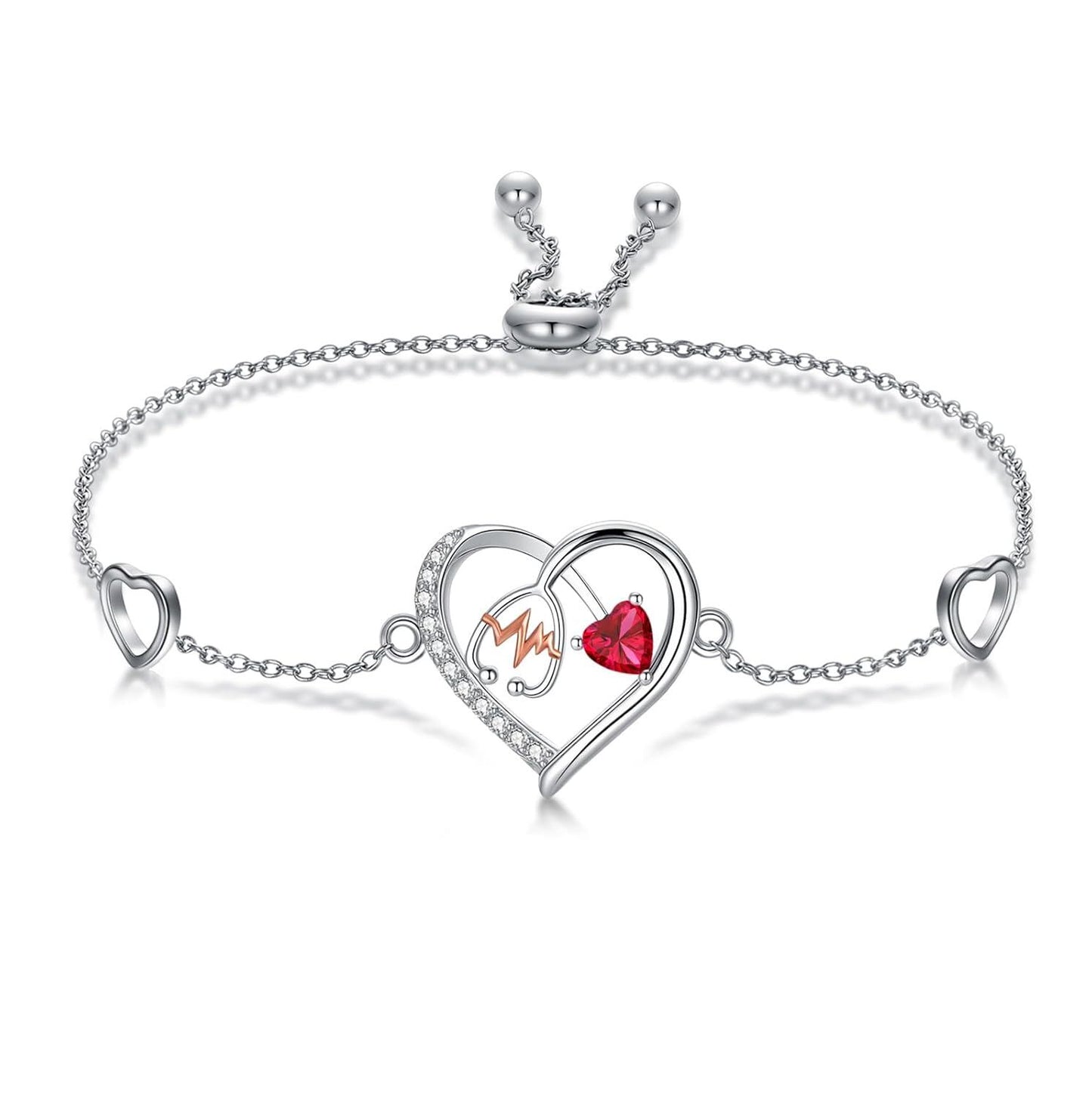 925 Sterling Silver & 5A Zircon Heart Stethoscope Birthstone Bracelet - Adjustable Chain