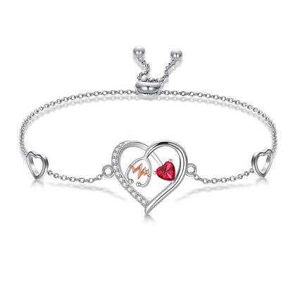 925 Sterling Silver & 5A Zircon Heart Stethoscope Birthstone Bracelet - Adjustable Chain