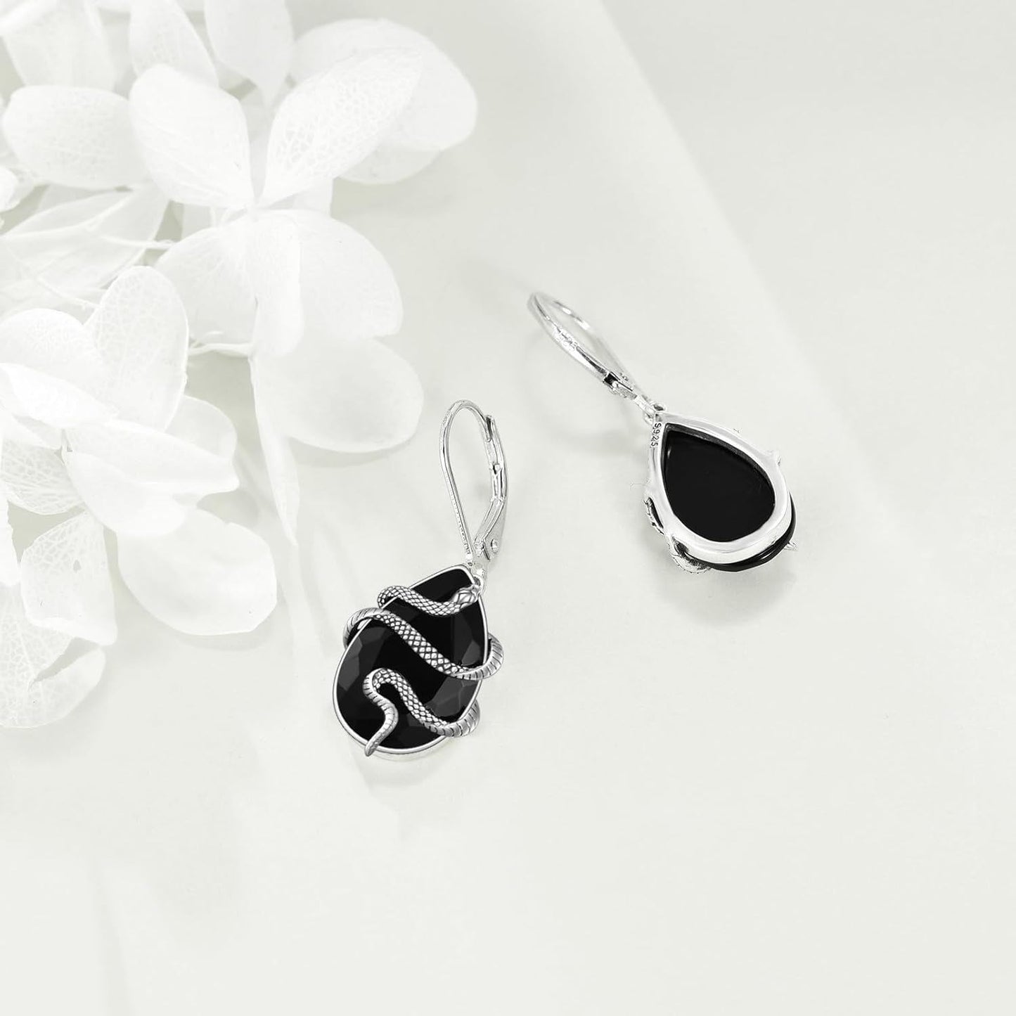 925 Sterling Silver Black Tourmaline Snake Dangle Drop Leverback Earrings Crystal Healing Jewelry Spiritual Protection Gifts for Women