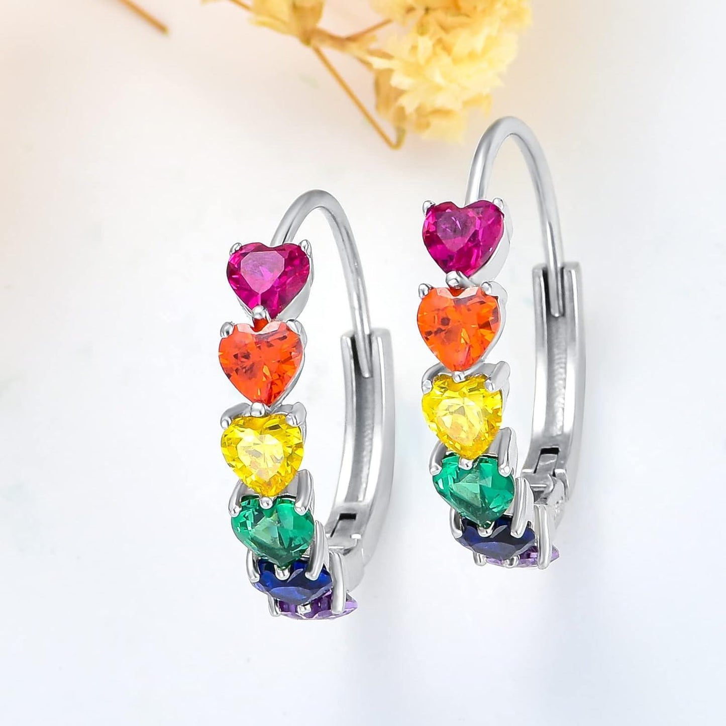925 Sterling Silver Multi-Color Heart-Shaped Rainbow Stone Huggie Hoop Earrings for Women