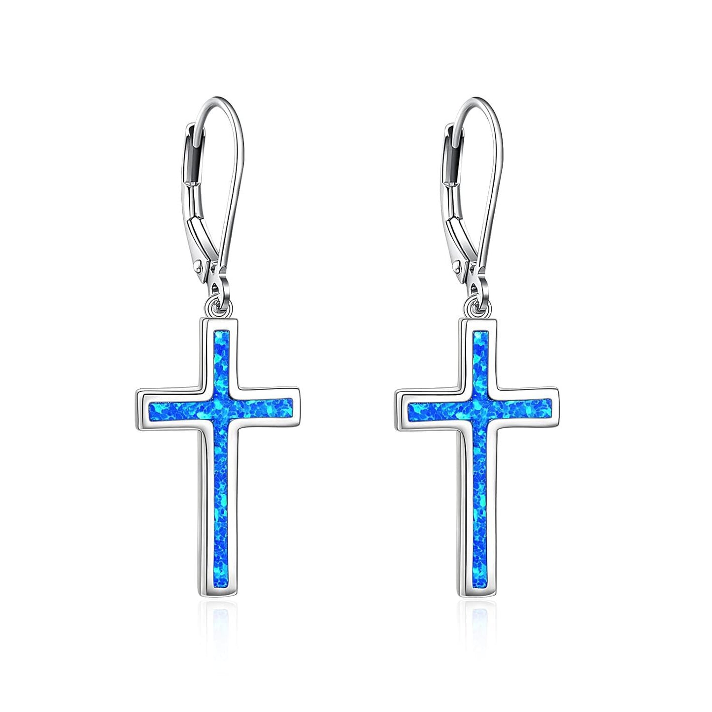 925 Sterling Silver Opal Cross Leverback Dangle Drop Earrings for Women and Men