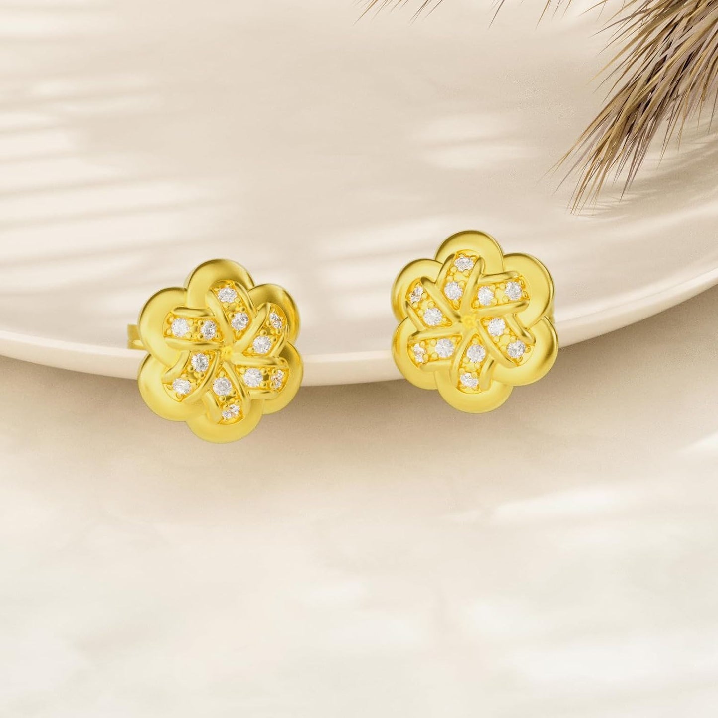 925 Sterling Silver Plated Gold Flower Stud Earrings with Cubic Zirconia - Elegant Floral Design for Women's Fashion Accessories