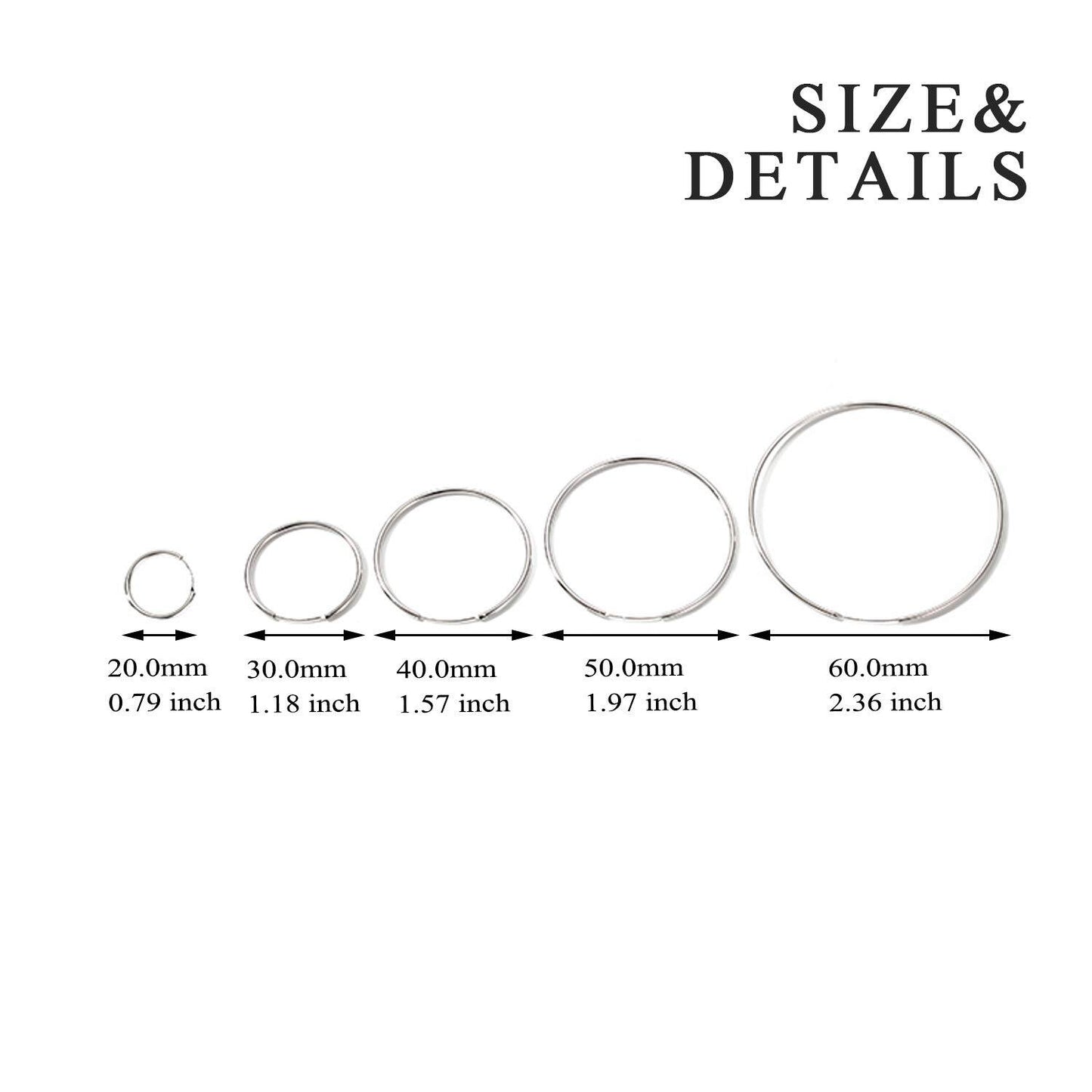 925 Sterling Silver Hoop Earrings Polished Round Circle Endless 20 80mm
