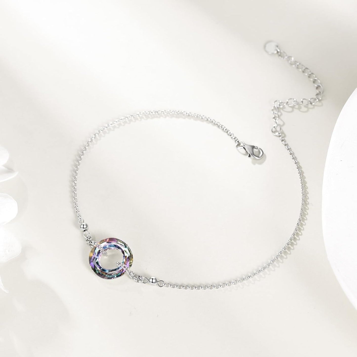 925 Sterling Silver Blue Crystal Circle Chain Bracelet for Women s