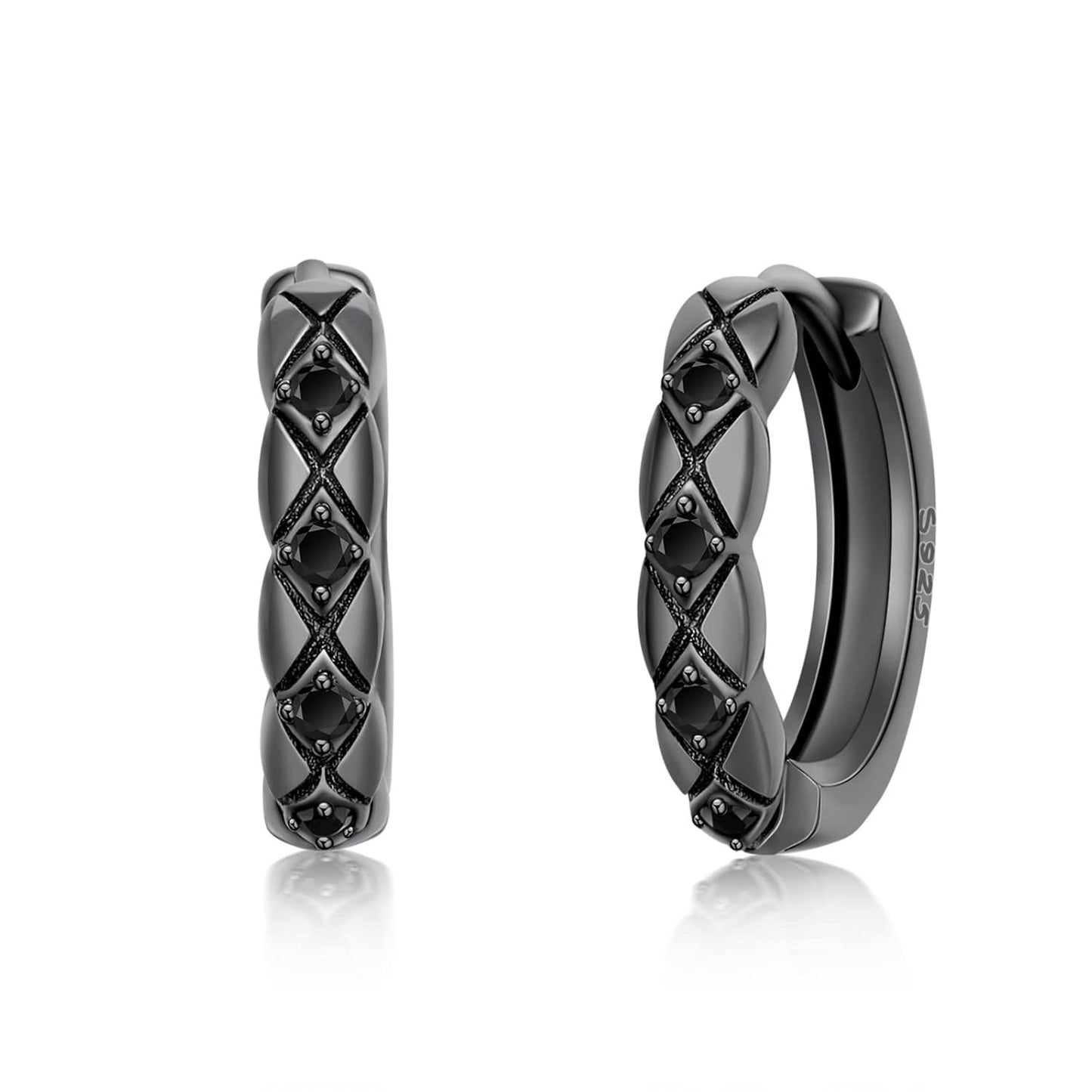 925 Sterling Silver Black Onyx Gothic Huggie Hoop Earrings - Mens Womens  Ideas