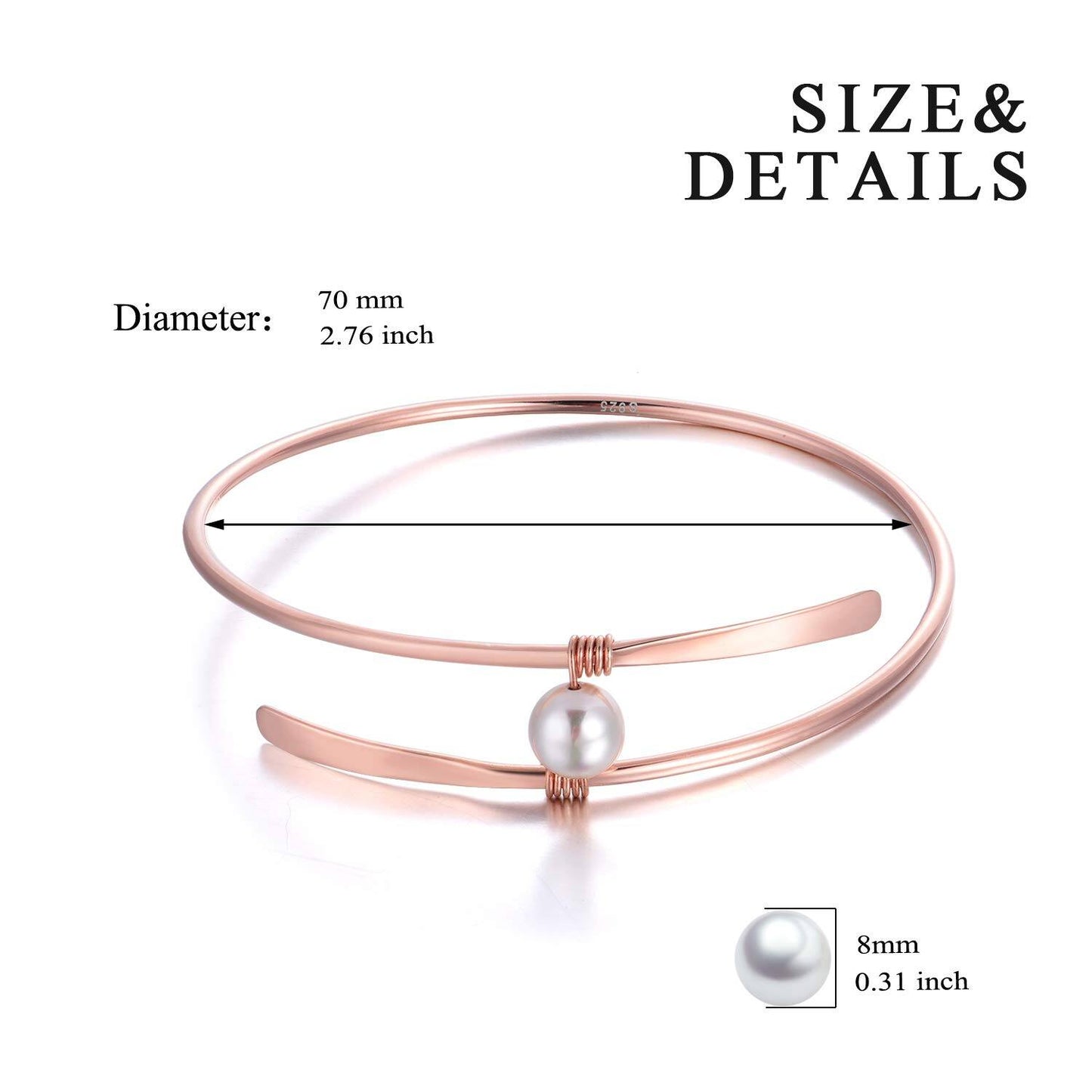 925 Sterling Silver 925 & Rose Gold Freshwater Pearl Bangle Bracelet for Women Bridal Wedding Jewelry for Mom