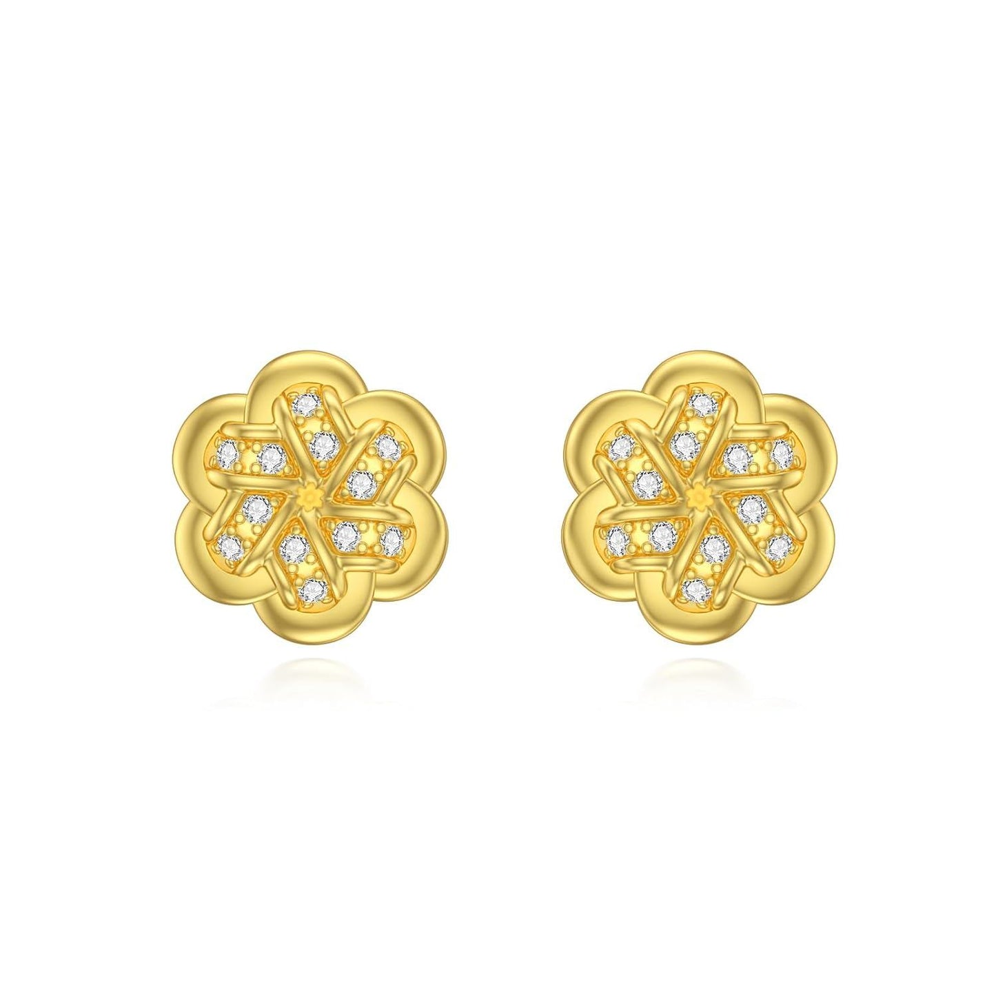 925 Sterling Silver Plated Gold Flower Stud Earrings with Cubic Zirconia - Elegant Floral Design for Women's Fashion Accessories