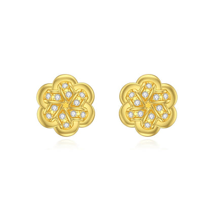 925 Sterling Silver Plated Gold Flower Stud Earrings with Cubic Zirconia - Elegant Floral Design for Women's Fashion Accessories